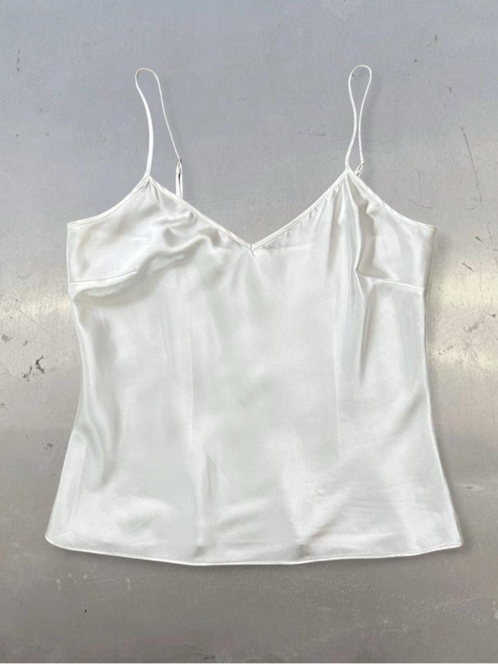 Satin V-Neck White Spaghetti Strap Cami Top L